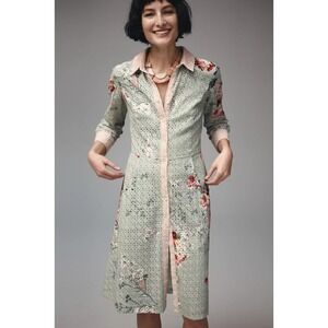 Varun Bahl Anthropologie Bloomed Eyelet Shirtdress Button Front Green Motif Sz 2